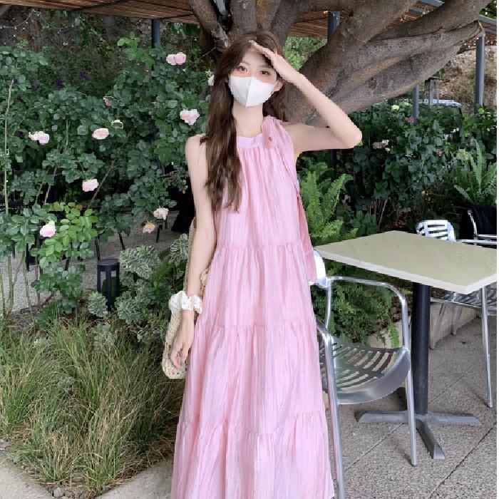 Seaside Vacation Wind Neck Sling Dress Women's Summer Gentle Wind Temperament Beach Dress Fairy Long Dress