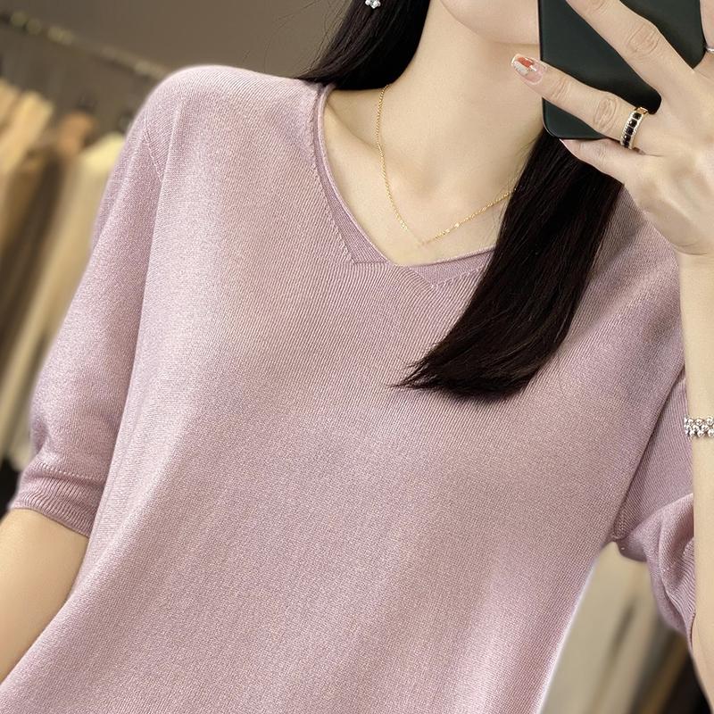 Camiseta de manga corta de verano para mujer, mezcla de 50 % seda morera y poliéster | Top informal ligero, transpirable y ajustado