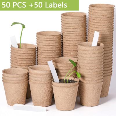 Juego de 50 macetas de papel de 8 cm para vivero y etiquetas para plantas, redondas, biodegradables, para plántulas, bandeja de cultivo de jardín, taza de vivero.