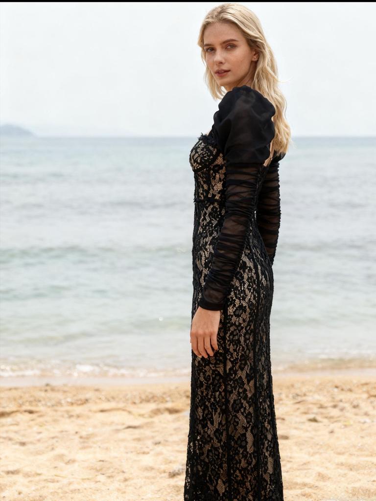 European Black Lace Long Sleeve Formal Dress with French Puff Sleeves, Square Neck, Cut-out Detail, and Slim Fit Mermaid Skirt