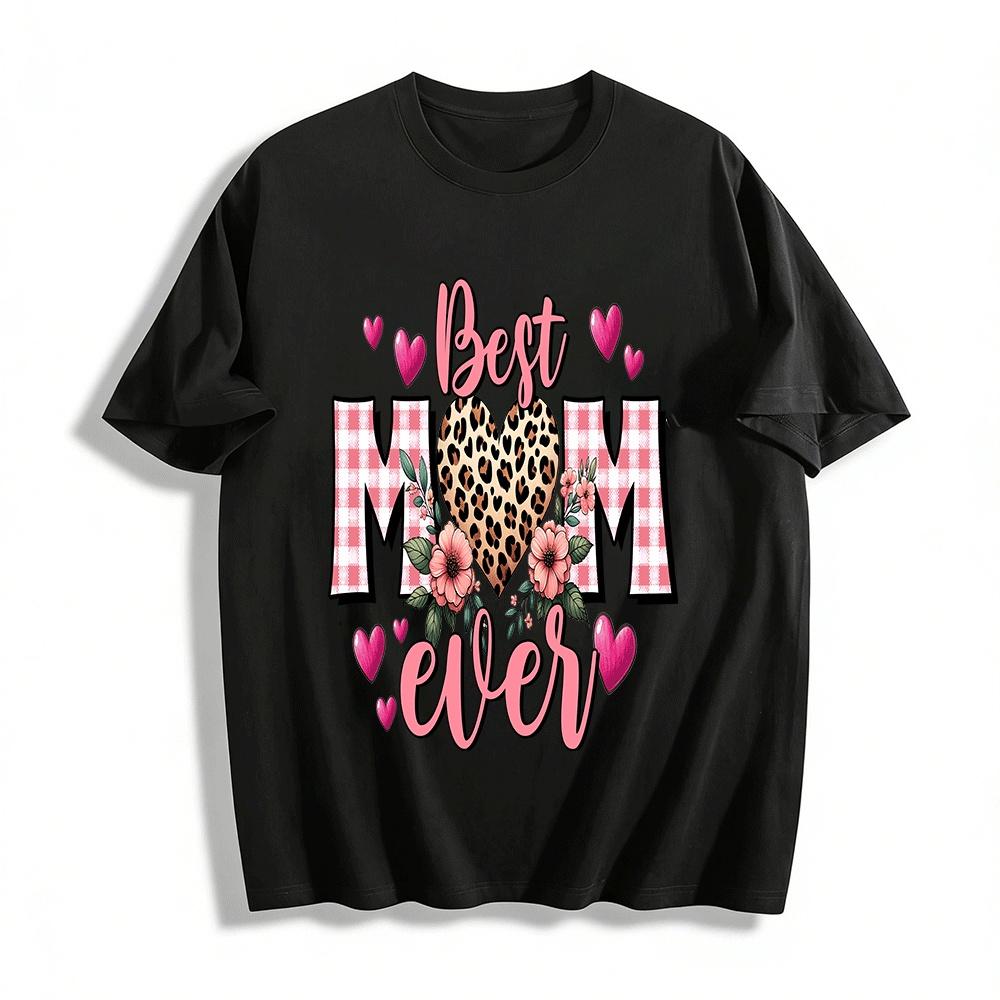 Best Mom Ever Leopard Heart Floral Print Casual Tee Shirt Pure cotton T-shirt XXS