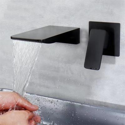 Schwarzer Badezimmerhahn in der Wand, Waschbeckenhahn, gebürstetes Gold, Wasserfall-Wasserhahn, Auslauf, Mischbatterie-Set, Kombination, Blanoir Messinghahn