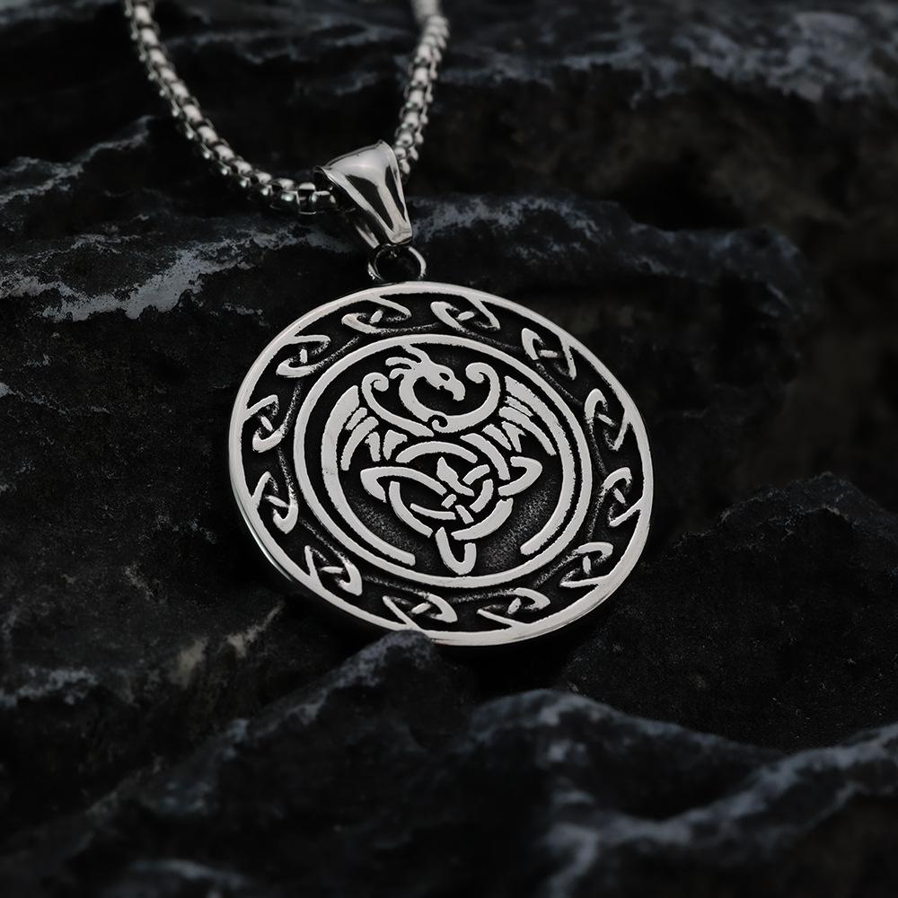 Vintage Stainless Steel Men's Pendant Celtic Knot Double Sided Dragon Round Medallion Necklace