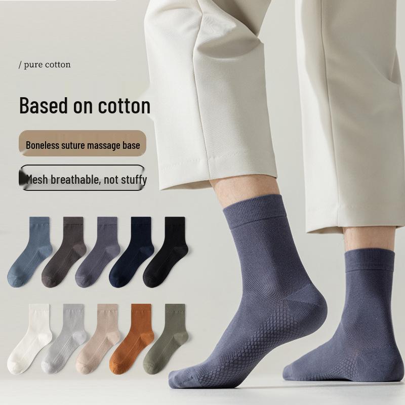 Men's Breathable Black Cotton Mid-Calf Socks - Sweat-Absorbent, Odor-Resistant, Mesh Design for Spring/Summer.