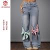 Bow Design High-waist Wide-leg Jeans Women's New Retro Loose Straight Pants