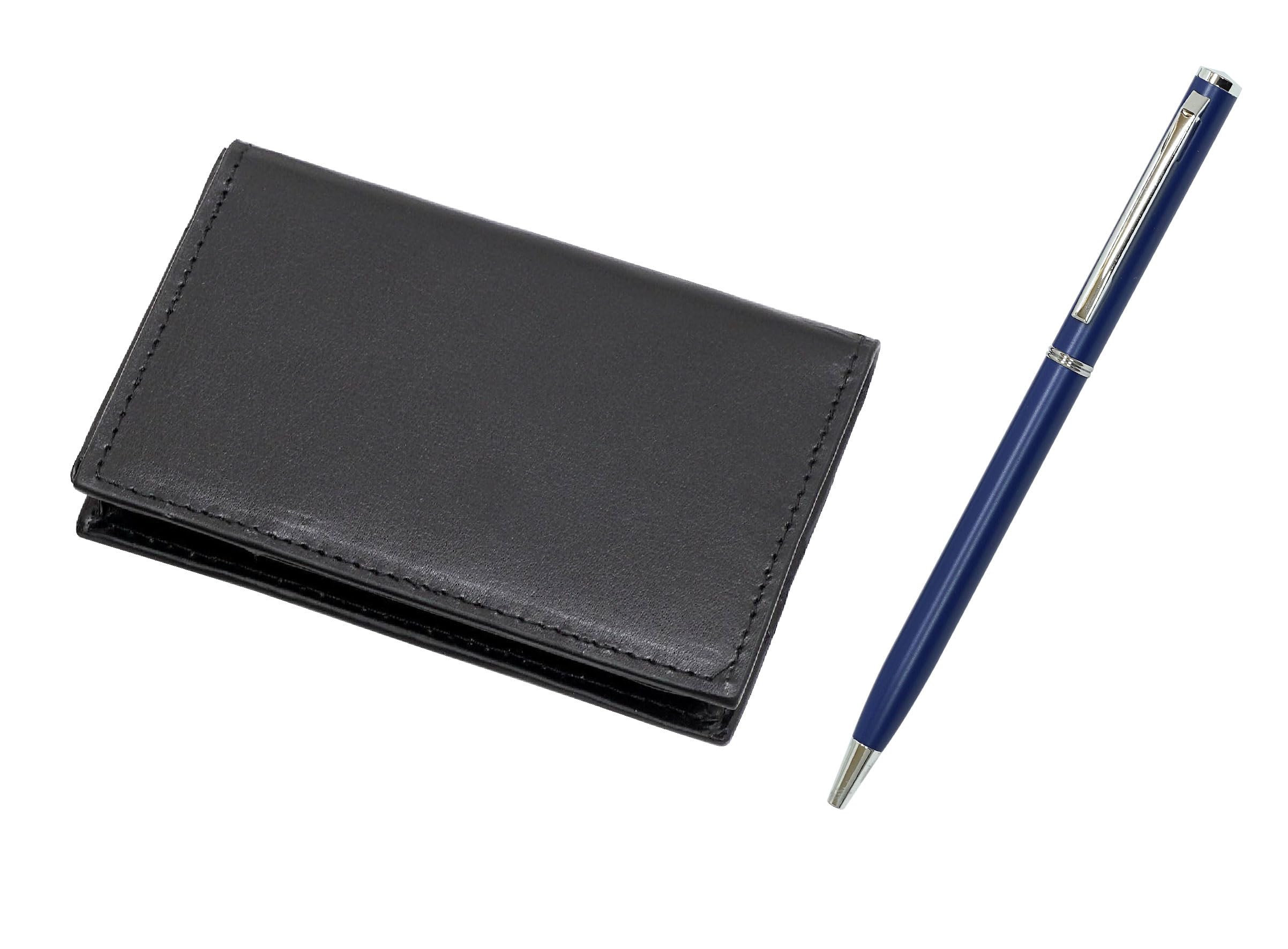 

Recycled Cowhide Business Card Holder with Slim Rotating Ballpoint Pen 4-Pocket Set, Blue, T23-LS030B-PD04-L синий