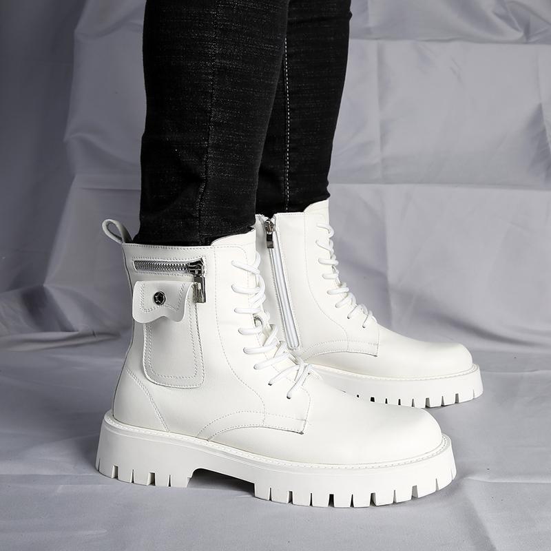 Autumn New Men Comfortable Genuine Leather British Style Thick Bottom Boots Classic White Men Side Zipper Big Head Leather Shoes