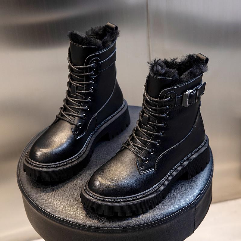 Real wool leather Martin boots women s winter velvet thermal cotton boots women s thick-soled casual women s boots 40