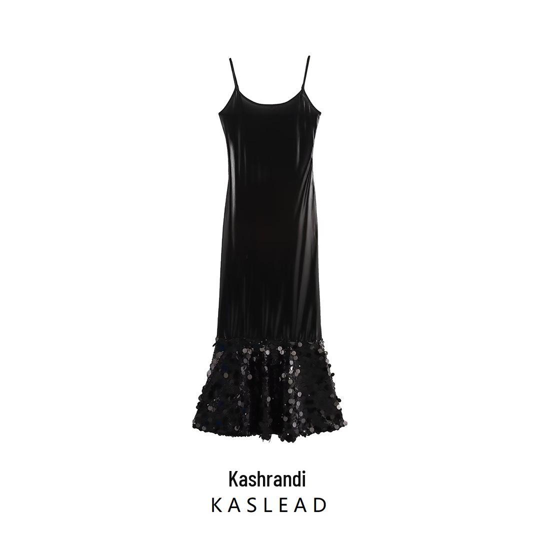 

2024 Winter Women s European & American Style Sequined Spaghetti Strap Slim Fit Long Dress Extra Small чёрный