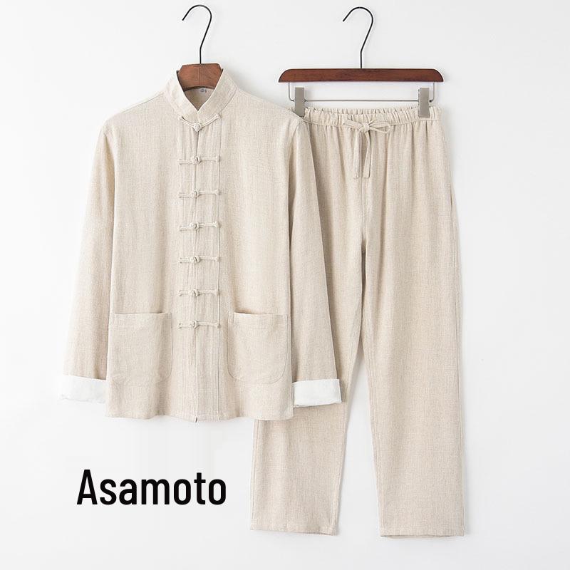 Men's Chinese Style Cotton Linen Tang Suit Jacket & Pants Set with Frog Buttons - Retro Zen Meditation Outfit