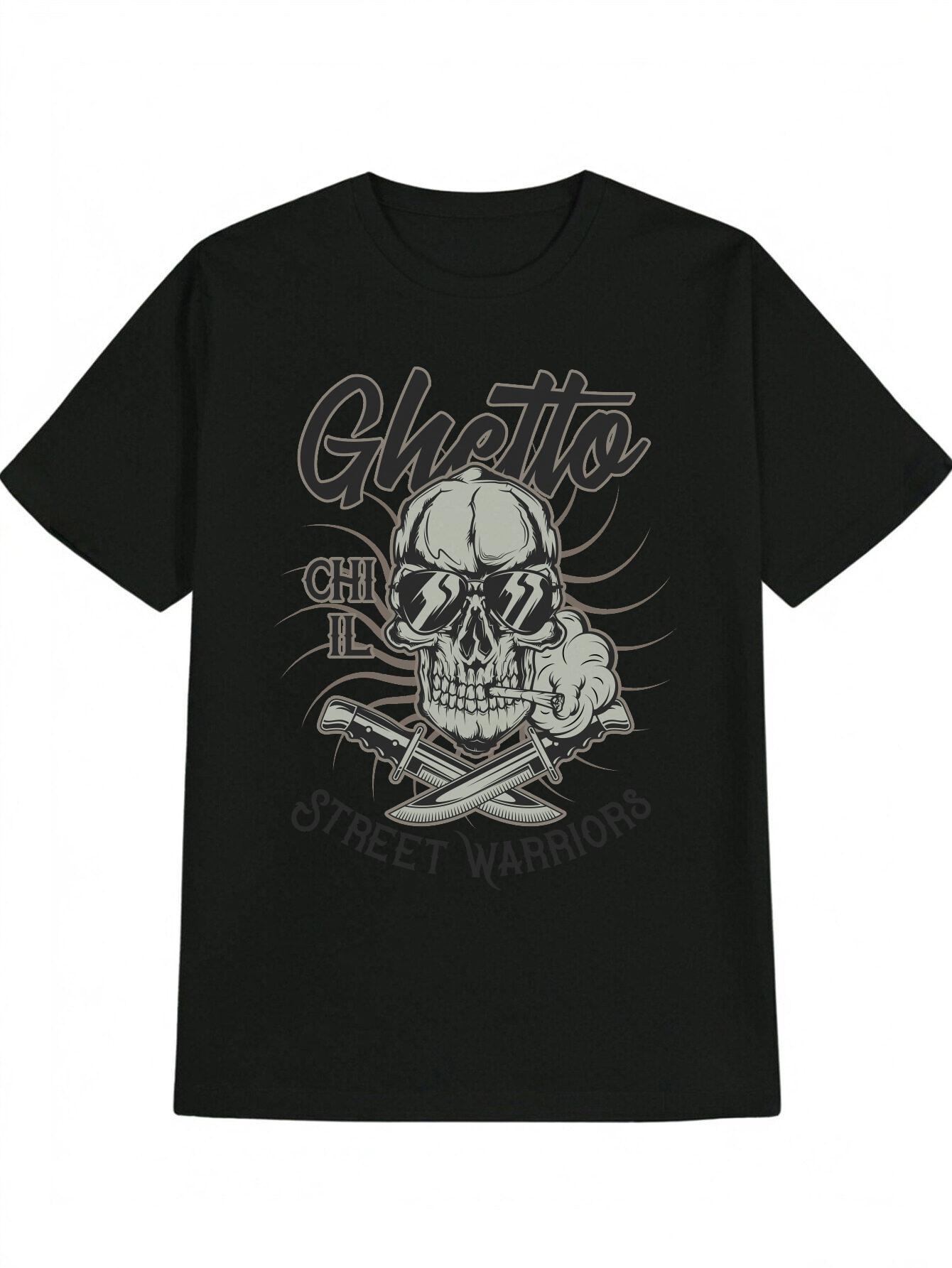 Casual Versatile Round-Neck T-shirt Featuring a Skull Glasses Print S