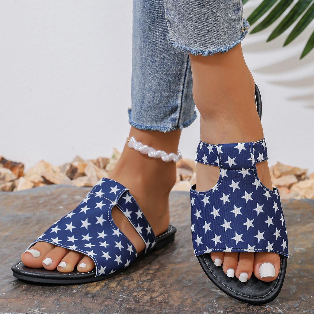Women Slip On Sandals Star Pattern Open Toe Flat Slide Sandals Casual Comfortable Footwear for Daily Wear