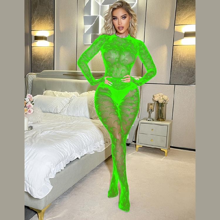 Women's Long Sleeve Moon Fishnet Bodysuits Jumpsuit See Through Mesh Bodystocking Lingerie Underwear Erotic Nightwear