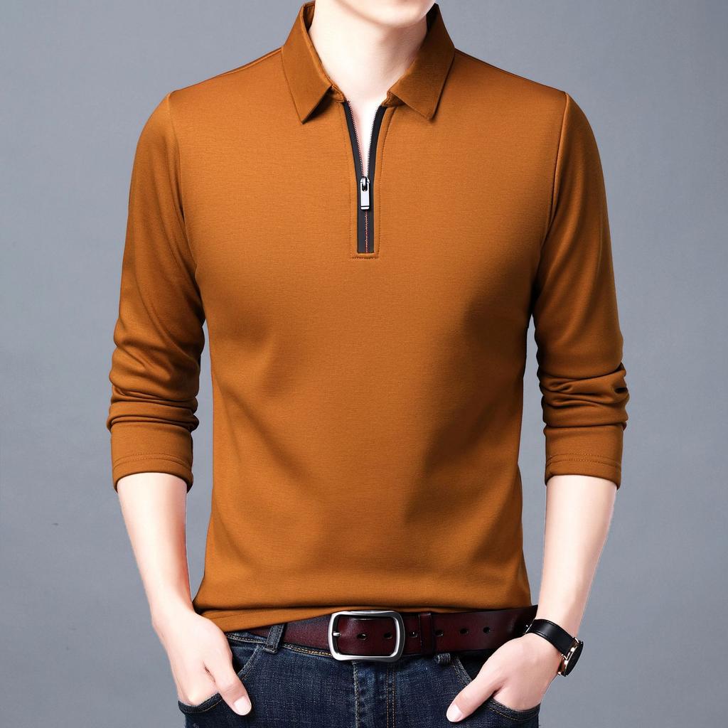 Large Size Men's Spring Solid Color Lapel Long-sleeved Polos Shirt