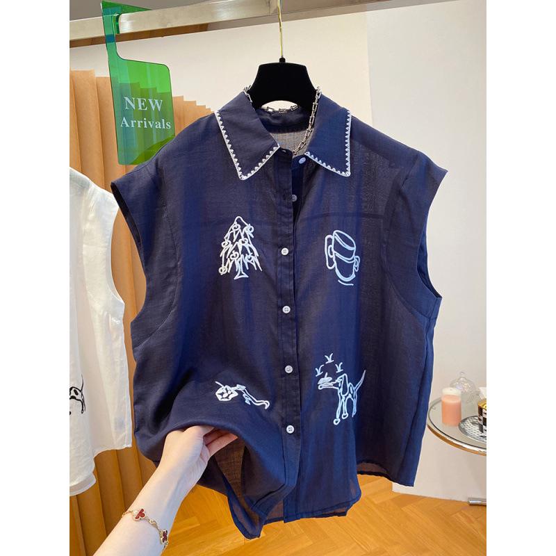 2026 Chic European Style Women s Cotton Linen Sleeveless Embroidered Top with Flutter Sleeves M темно-синий