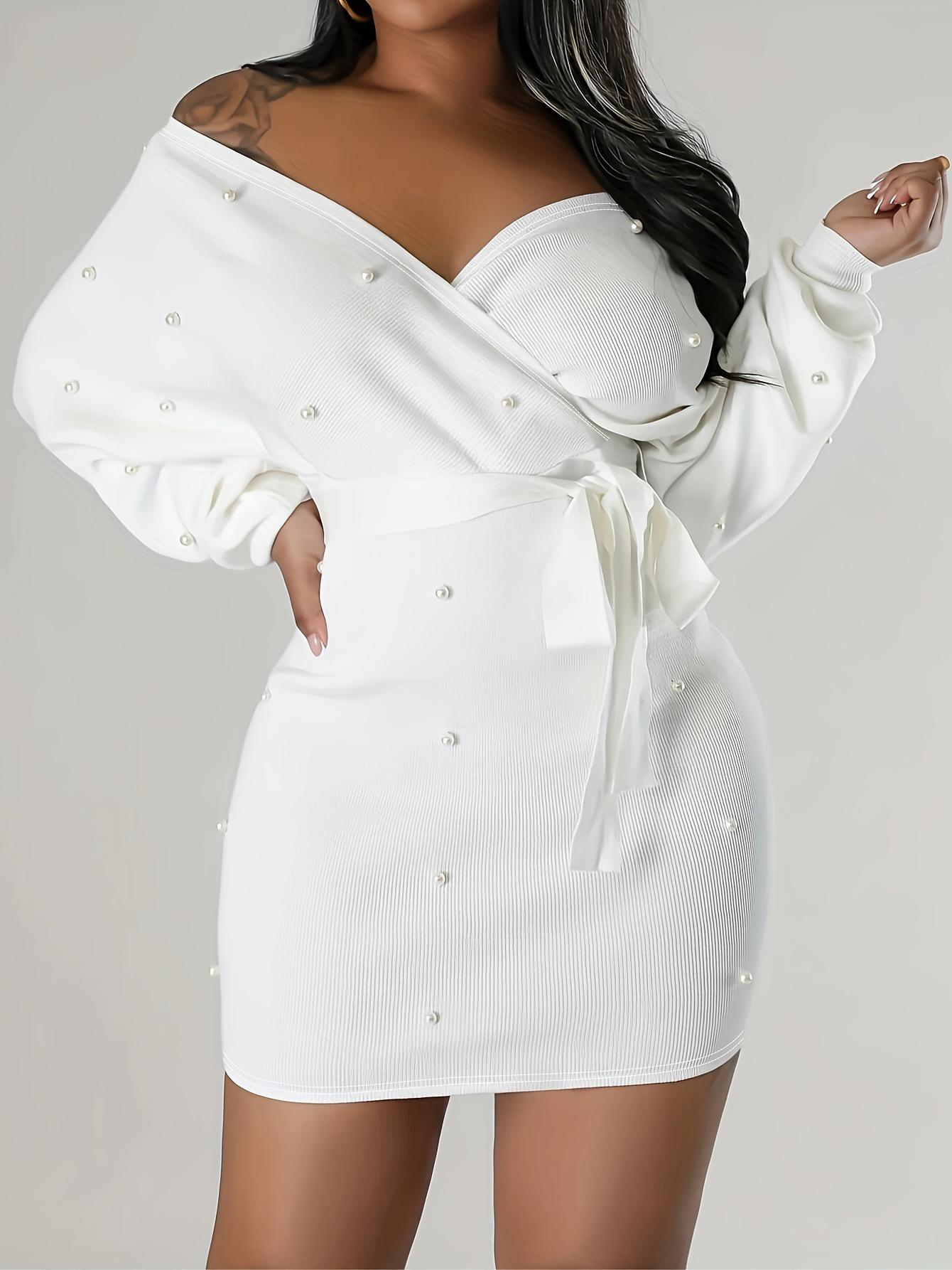 

Beaded Off-Shoulder Bodycon Dress with Long Sleeves X-Large білий