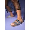 Crystal Embellishment Genuine Leather Double Belt Women's Slippers