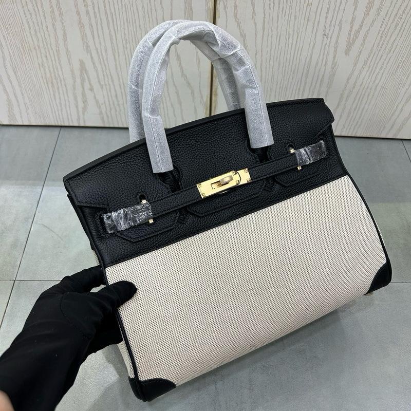 Erste Schicht aus Rindsleder mit Litschi-Muster mit Leinwand-Platin-Tasche 25-30CM (H02 Stoff BK)