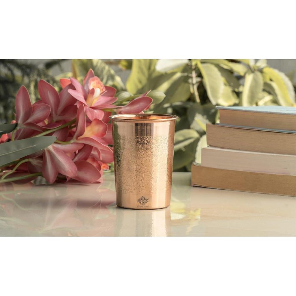 Pure Copper Embossed Design Glass - 275 ML, Copper Tumbler for Water Drinking, Elegant Drinkware & Serveware, Set of 6