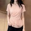 Women Casual Round Neck Solid Color Summer Short Sleeve Blouse