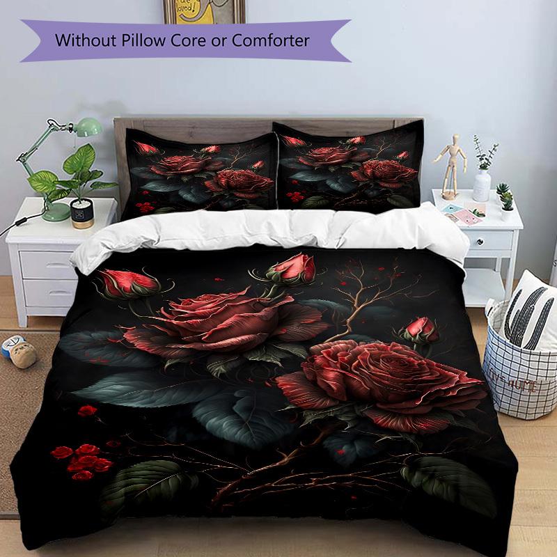 3 Stück Rosen, Dunkles Blumenmuster Bettwäsche-Set, Bezug für Schlafzimmer Gästezimmer (1 Bettbezug + 2 Kissenbezüge, ohne Steppdecke), yy250922226