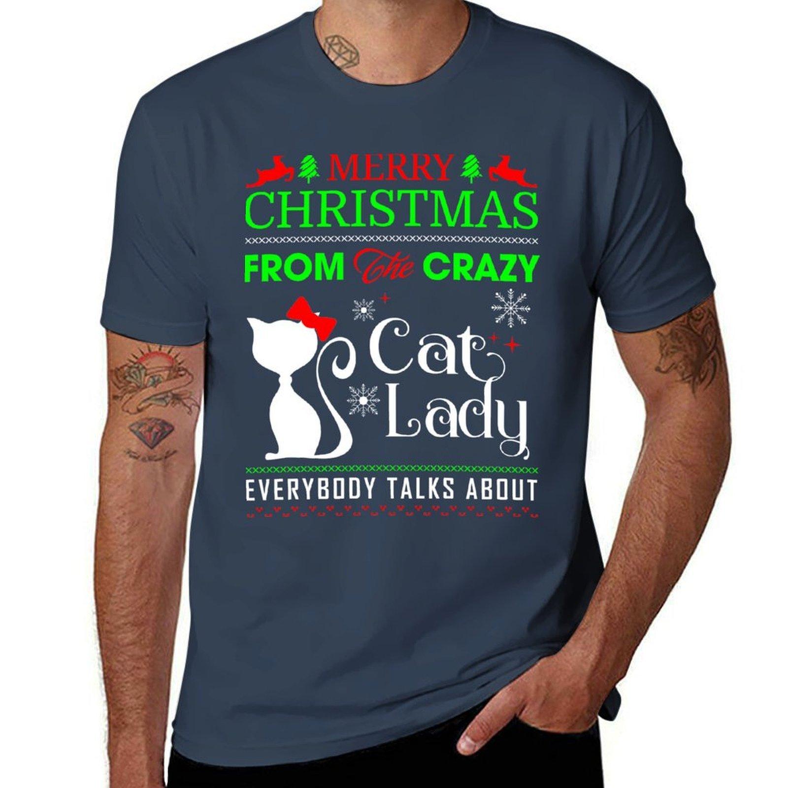Funny Crazy Cat Lady Christmas Ugly TShirt Casual Simple Design Short Sleeve Shirt S
