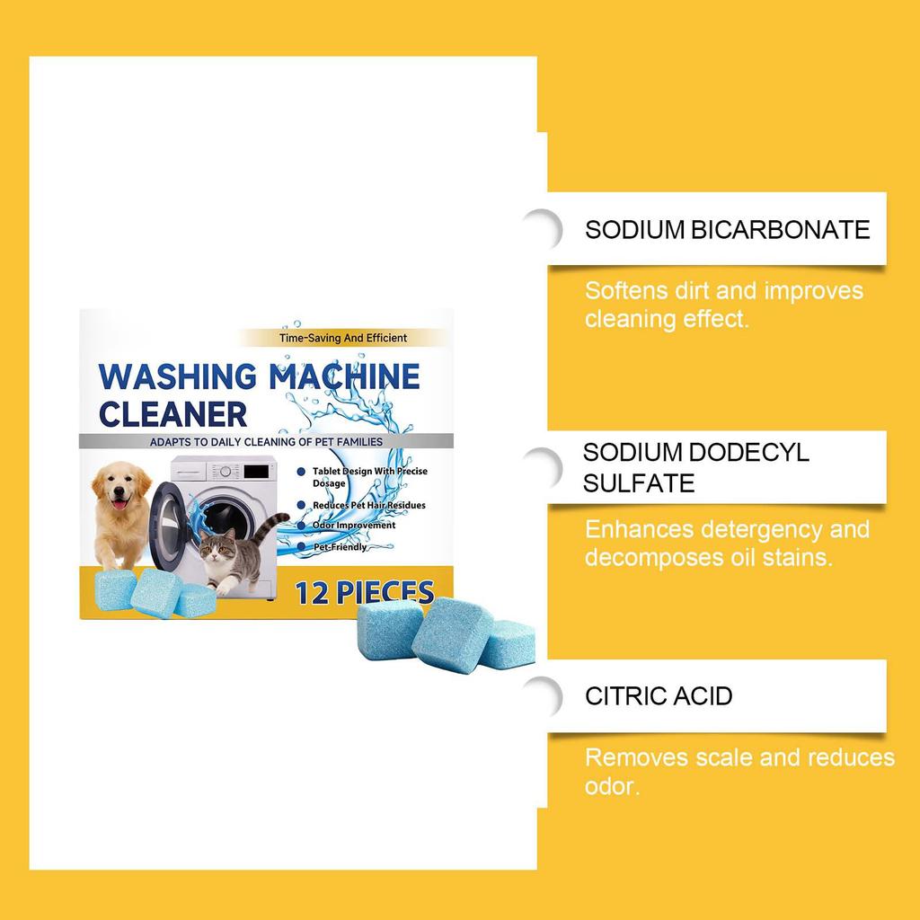 Washing Machine Cleaner Tablets 12 Pieces Efficient Cleaning Removes Residue Odor and Pet Hair Safe for Front and Top Load Washers