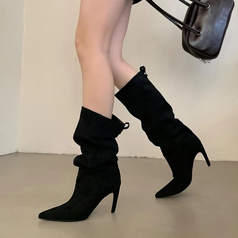 Autumn Winter Fashion Slim Knee High Boots Women Sexy Pointed Toe Low Thin Heel Shoes Female Long Booties