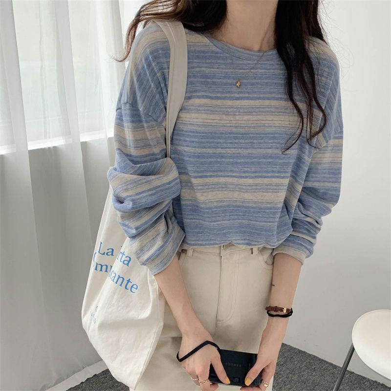 Harajuku T-shirt a righe a maniche lunghe da donna con scollo tondo Moda coreana T-shirt oversize Casual primavera Autunno grafica y2k Top T-shirt streetwear