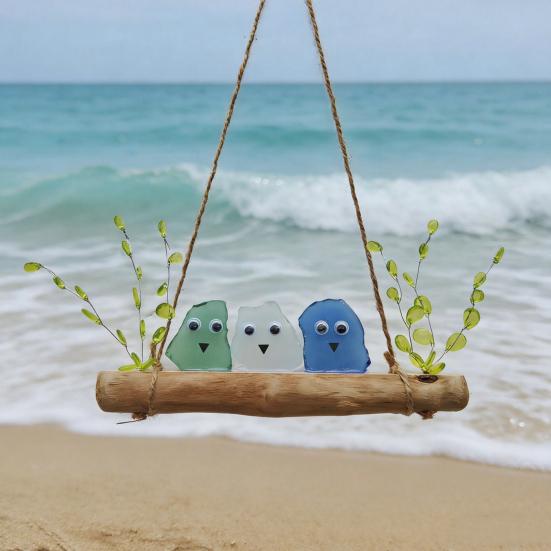 Colorful Sea Glass Bird Perch Handmade Sea Glass Birds on Branch Wall Art for Coastal Home Garden Window Hanging