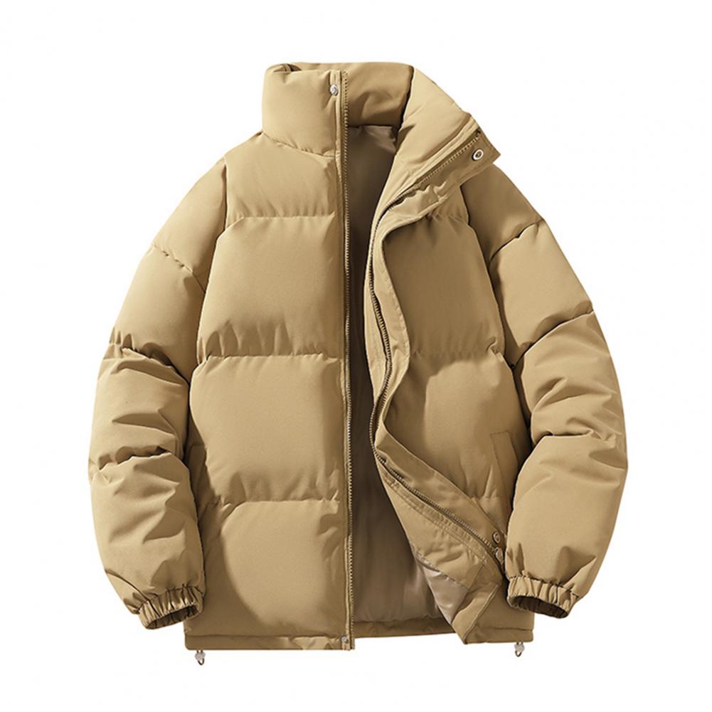 Men Autumn Cotton Coat High Collar Long Sleeve Zipper Closure Wind Shield Coat with Pockets Zipper Placket Elastic Hem One Tone