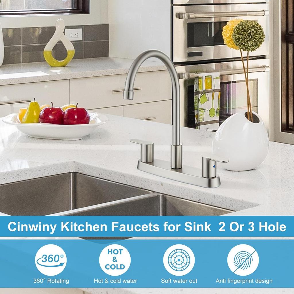 8 Inch Centerset Kitchen Faucet for Sink 3 Hole Dual Handle Kitchen Sink Faucets High Arc 360 Degree Rotating Spout with Supply Lines, Brushed