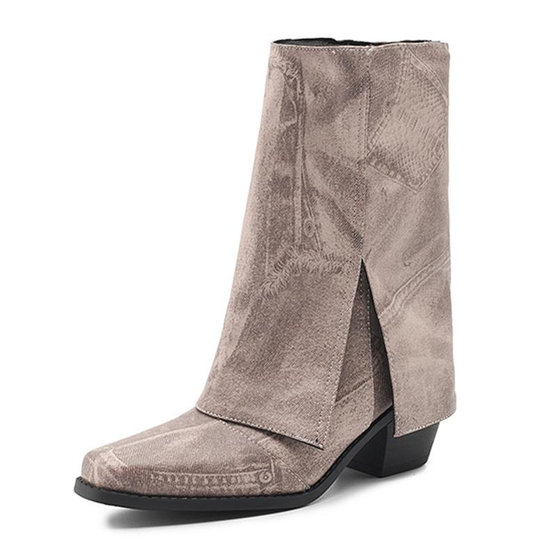 

Blue Denim Folding Skirt Ankle Boots Women Square Toe High Block Heel Western Cowgirl Winter Slip-on Folding Mid-calf Pant Boots 43