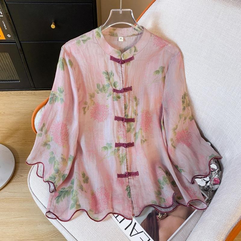 

Летняя женская рубашка больших размеров в китайском стиле, винтажные топы на пуговицах в стиле дзен с литературным принтом 2XL светло-розовый