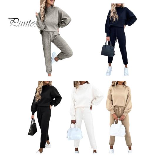 Solid Color 2 Pcs/Set Women Tracksuit Loose Half Turtleneck Casual Elastic Waist Keep Warm Drawstring Sportwear Sweatshirt Sweatpants Suit