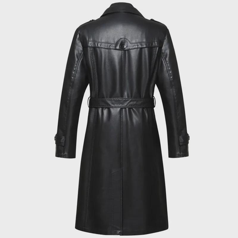 Men's Long Sheepskin Leather Winter Jacket with Velvet Lining, Windbreaker, Soft Leather Suit Collar