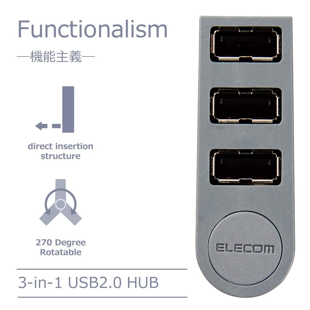 ELECOM USB Hub A Port x 3 Functional Direct Plug Gray Compatible with and other notebook PCs U2H-TZ325BGY/EC USB2.0 MacBook/Surface/Chromebook