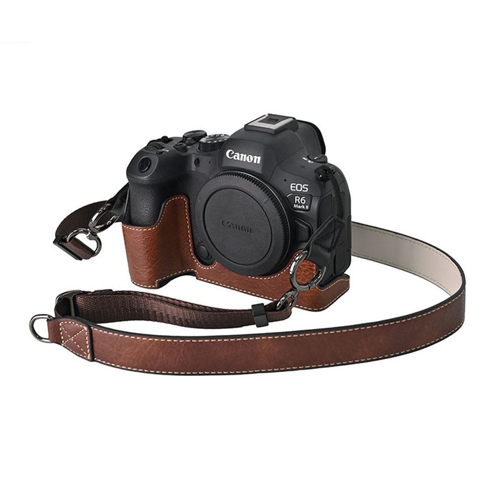 

Получехол для камеры из ПУ-кожи личи для Canon EOS R5 R6II R62, с открывающимся дном, магнитной крышкой и ремешком