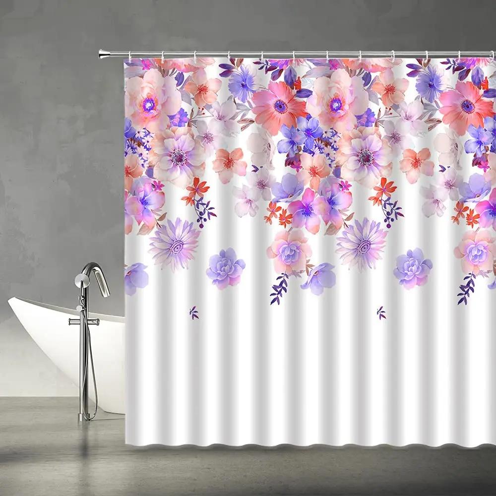 Conjunto de cortina de chuveiro floral roxo lavanda rosa rosa flores simples decoração de banheiro cortinas de poliéster pano de fundo de fotografia