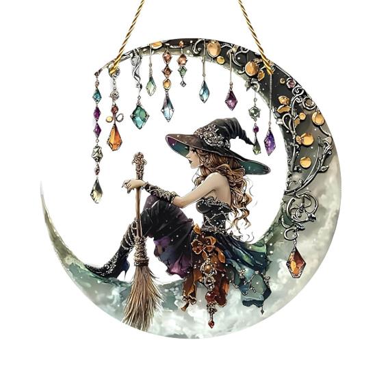 

Ведьма Подвесное Украшение Витражный Акрил 2D Ловец Солнца Ведьма на Луне Орнамент для Дома Комнаты Окон Стен Садов Автомобилей 15 cm B