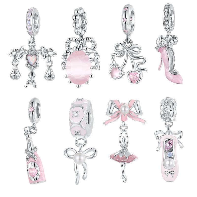 Romantic Pink Bow S925 Silver Pendant Jewelry Accessories Sweet High Heels Champagne Diy Beads