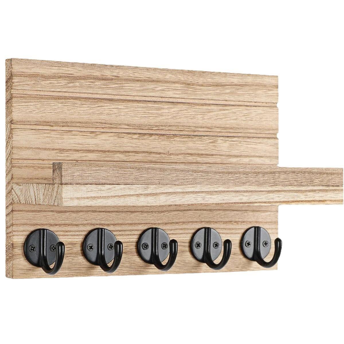 

Wooden Wall Mounted Storage Rack with 5 Hooks, Suitable for Hanging Keys, Sunglasses, Hats, Potted Plants, and Home Decor Items бежевый
