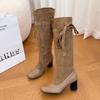 Retro women's boots with skirt fashionable square head new stacked thin boots high heels boots women's autumn black cloth