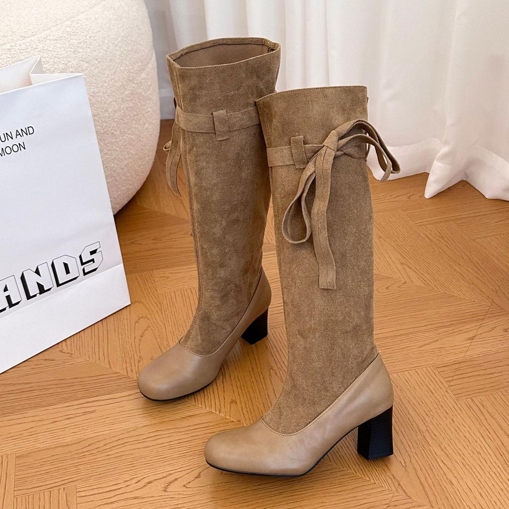 Retro women's boots with skirt fashionable square head new stacked thin boots high heels boots women's autumn black cloth