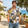 Herren Freizeit Hemd Kurzarm Leinen Baumwolle Mischung Button-Down Kragen Leichtes Sommer Top mit Katzenmuster Druck Entspannte Passform