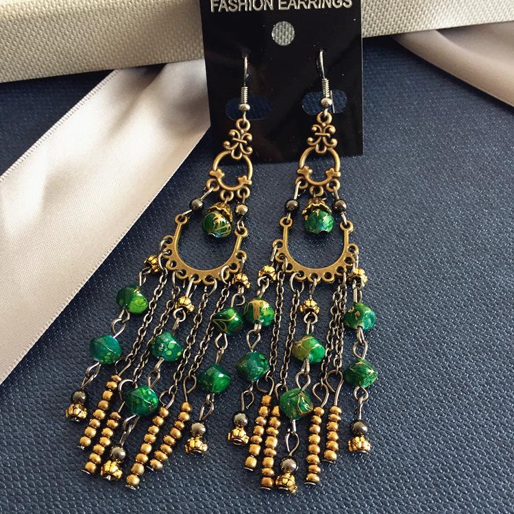 Vintage Celebrity Earrings Fashion Exaggerated Bohemian Tassel Pearl Bronze Long Beaded Earrings