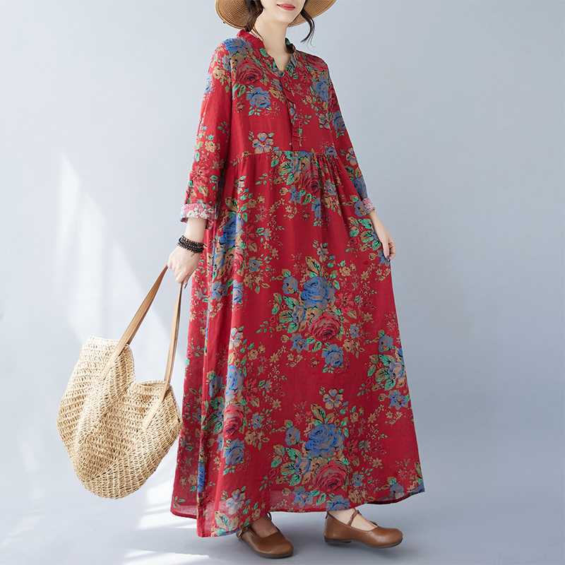 

Винтажные платья-свинг с длинным рукавом из кружева коровяка с принтом L красный