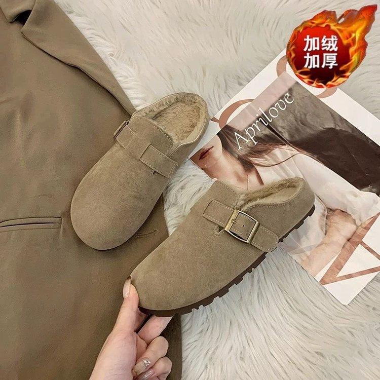Winter outer wear velvet bag head half tow Boken Muller Boken slippers mango big head loafer bean cotton slippers