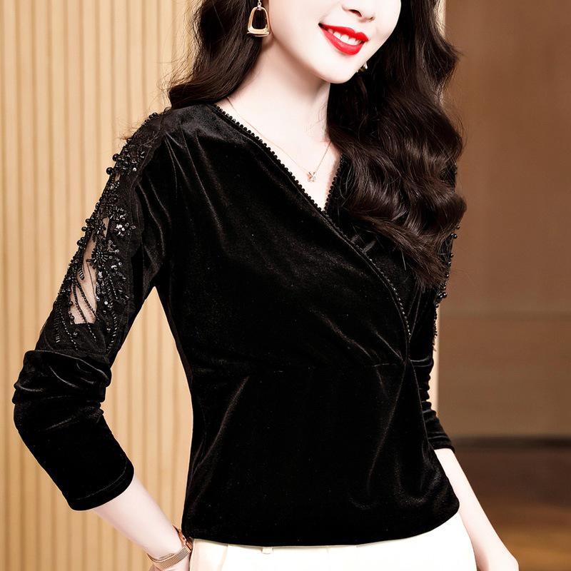 Elegant Cross V-Neck Lace Beaded Black Velvet Top
