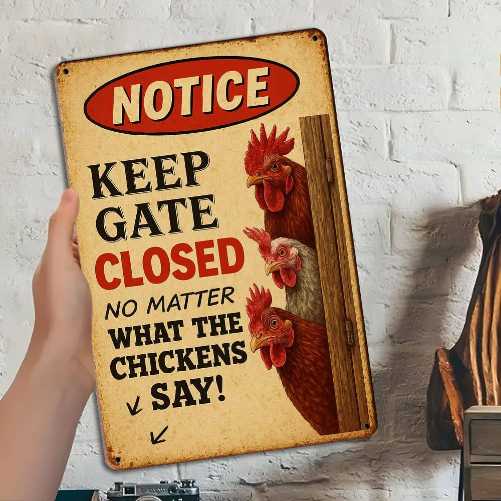 "Håll grinden stängd" humoristisk metallskylt, 8x12 tum gårdsdekor.